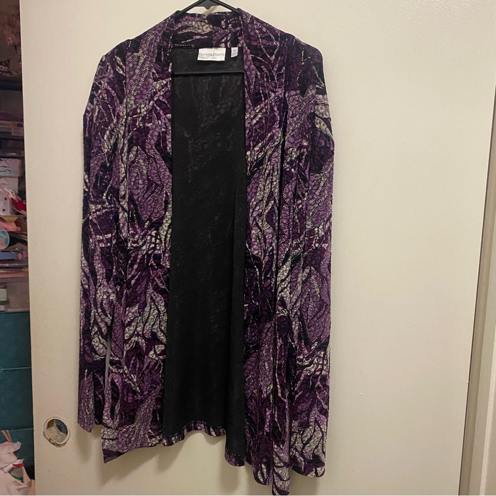 Drapers & Damons Womens Open Front Cardigan 3XL Purple Black Print Gold Sparkle